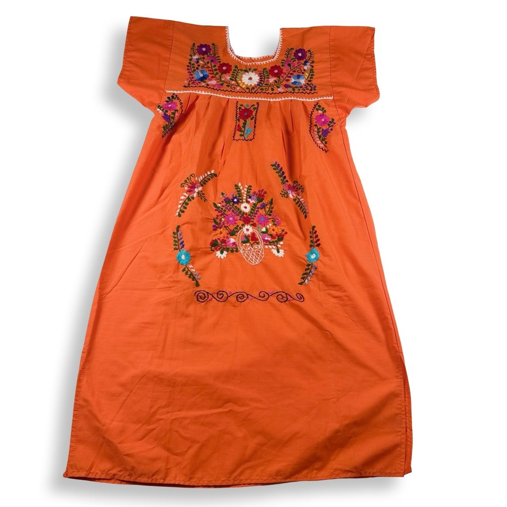 Vintage Mexican Peasant Dress Orange Floral Embroidered Puebla Midi Small